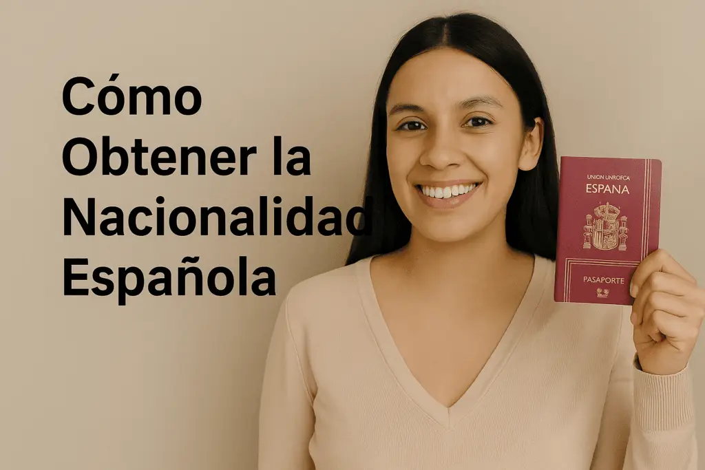 Mujer sonriente mostrando su nacionalidad española con documento en mano